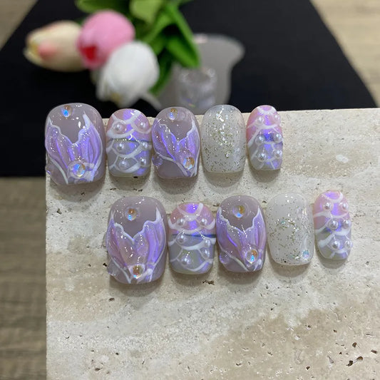 10PCS Detachable mermaid purple flashing aurora short square false nails with glue full cover ballet acrylic press on fake nails -  - DYAVOR®