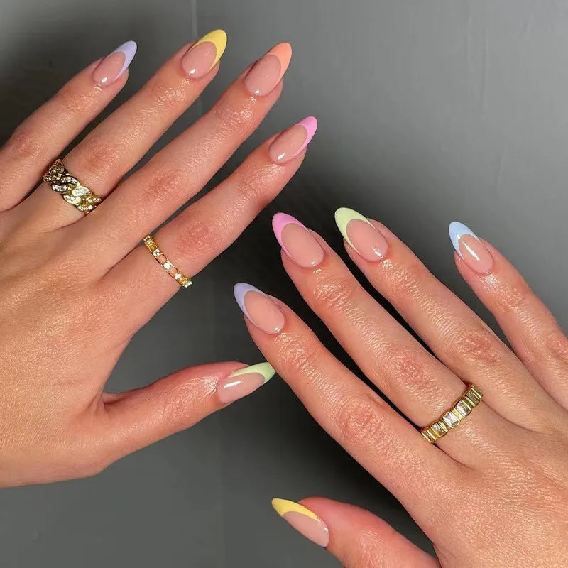 24pcs Colorful Almond Shaped Fake Nails Detachable Press On False Nails Tips French Full Cover False Nails French Manicure tools - - DYAVOR®