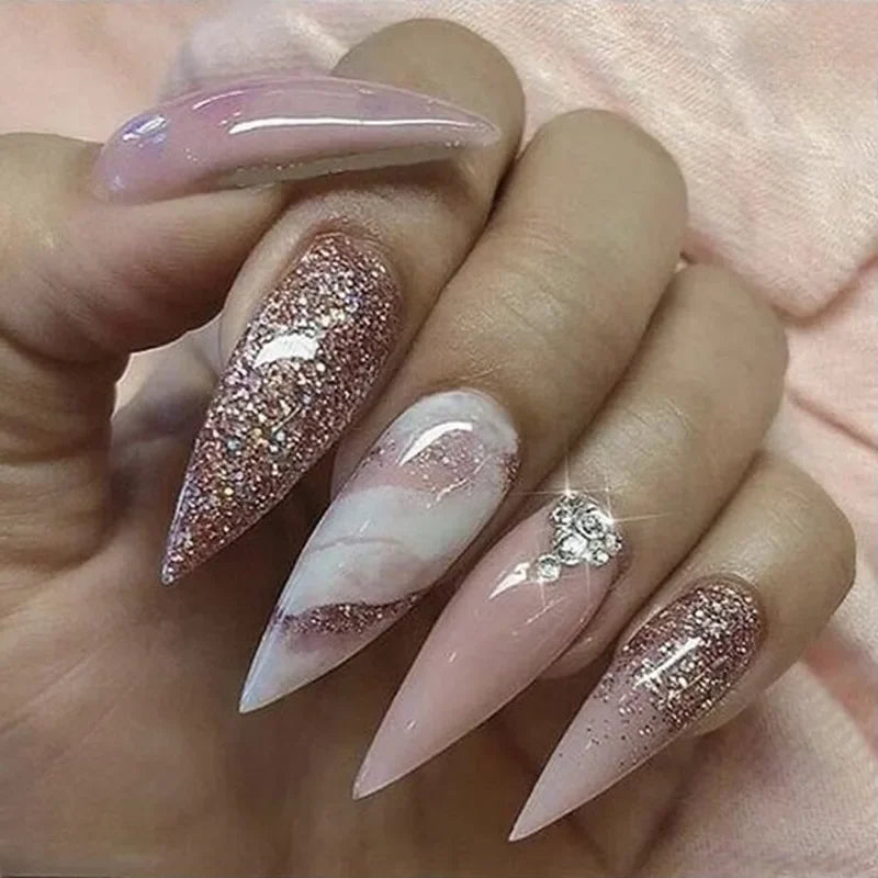 24Pcs Extra Long Stiletto False Nails Pointy French Fake Nails Glitter Detachable Almond Press on Nails Full Cover Nail Tips - - DYAVOR®