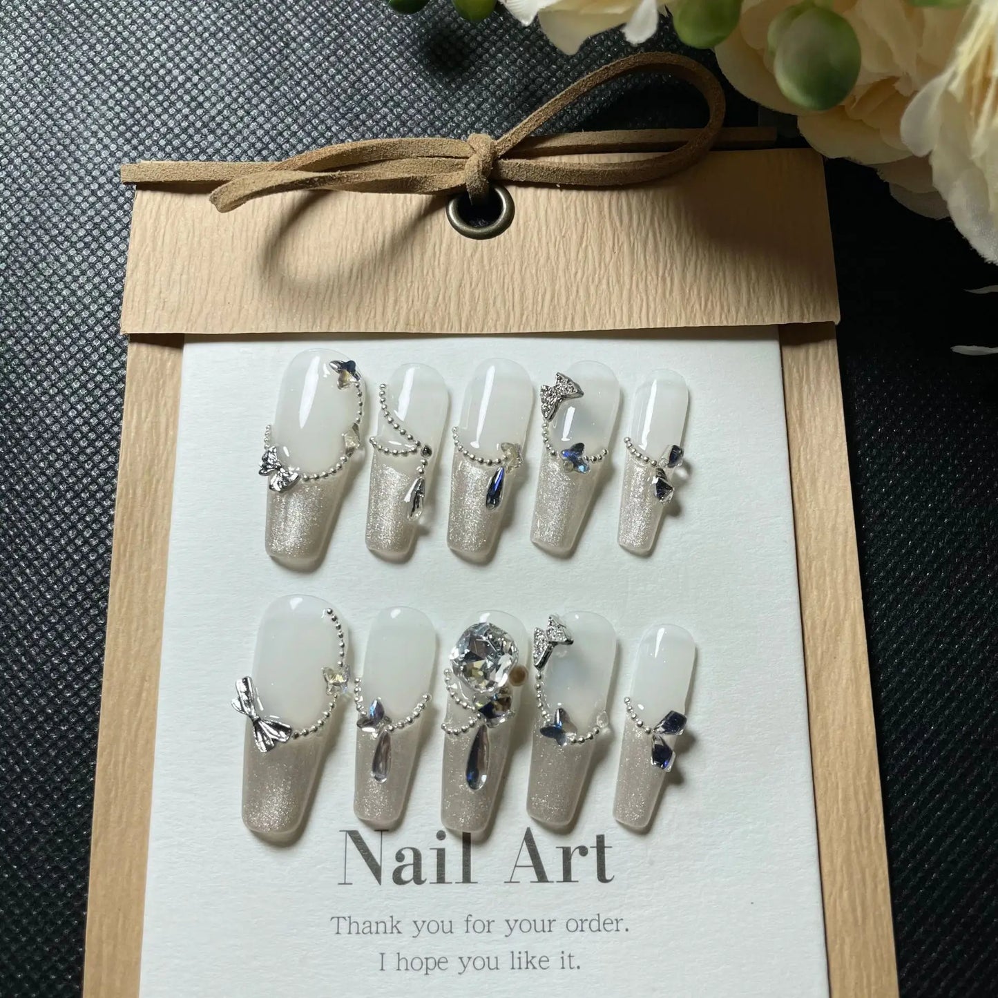 10pcs Handmade short french artificial nails cat eyes shiny rhinestones full cover press on nails ballet false nails with glue - - DYAVOR®