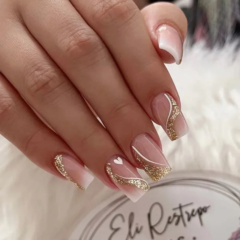 24pcs removeable false nails with glue Gradient Shinny brown coffin glitter Ballet press on nails long full cover fake nails tip