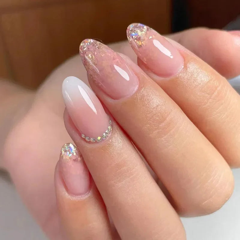 24pcs Small Almond Oval Decorated Cloud Milk Wearable Fake Nails Short Press On Nail Coffin Detachable French False Nails Tips