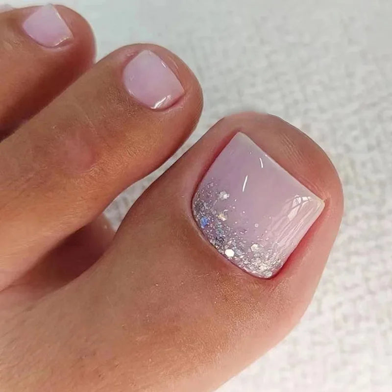 24pcs Simple French toe nails tips glitter diamond design press on toenails short full cover artificial fake foot nail with glue - - DYAVOR®