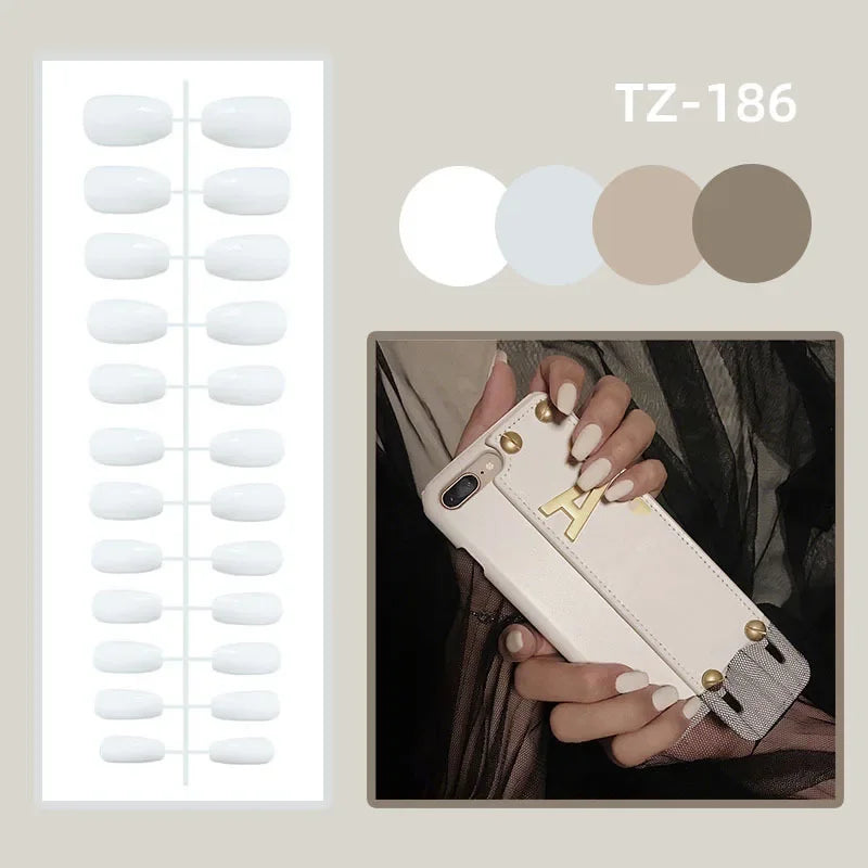24Pcs White Aurora Almond False Nails Simple with French Design Wearable False Nails Glitter Full Cover Press on Nails Tips Art - - DYAVOR®