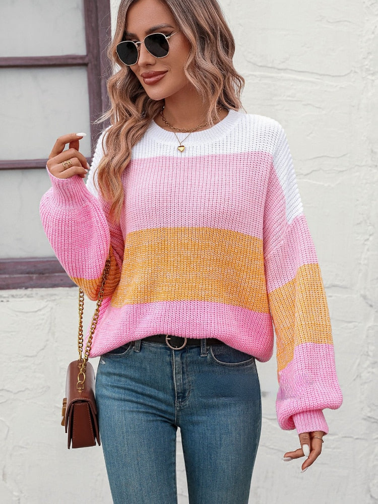 Women's Winter Blouse 2023 New Color Matching Knitted Pullover Fashion Round Neck Long Sleeve Ladies Sweater Female Clothing Top - - DYAVOR®