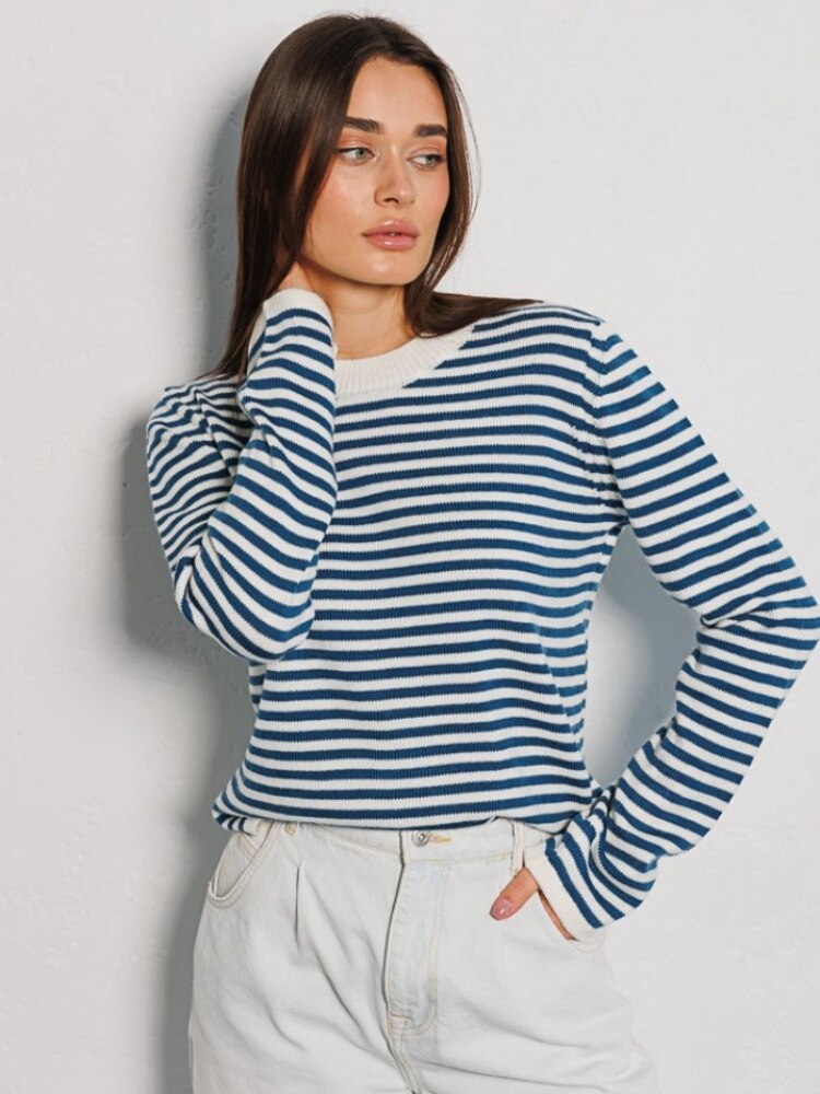 Striped Women's Sweater New Fashion Thread Contrast Round Neck Knit Pullover Office Lady Loose Knitwears Womens Clothing Tops - - DYAVOR®