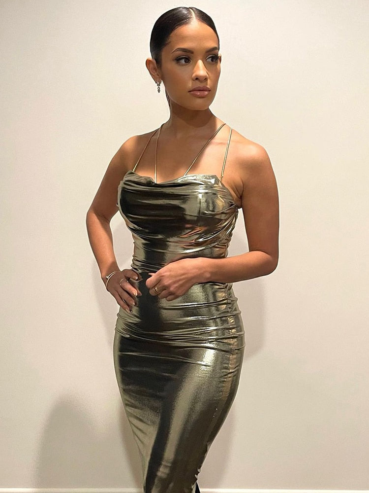 Form-Fitting Light Gold Maxi Dress - - DYAVOR®