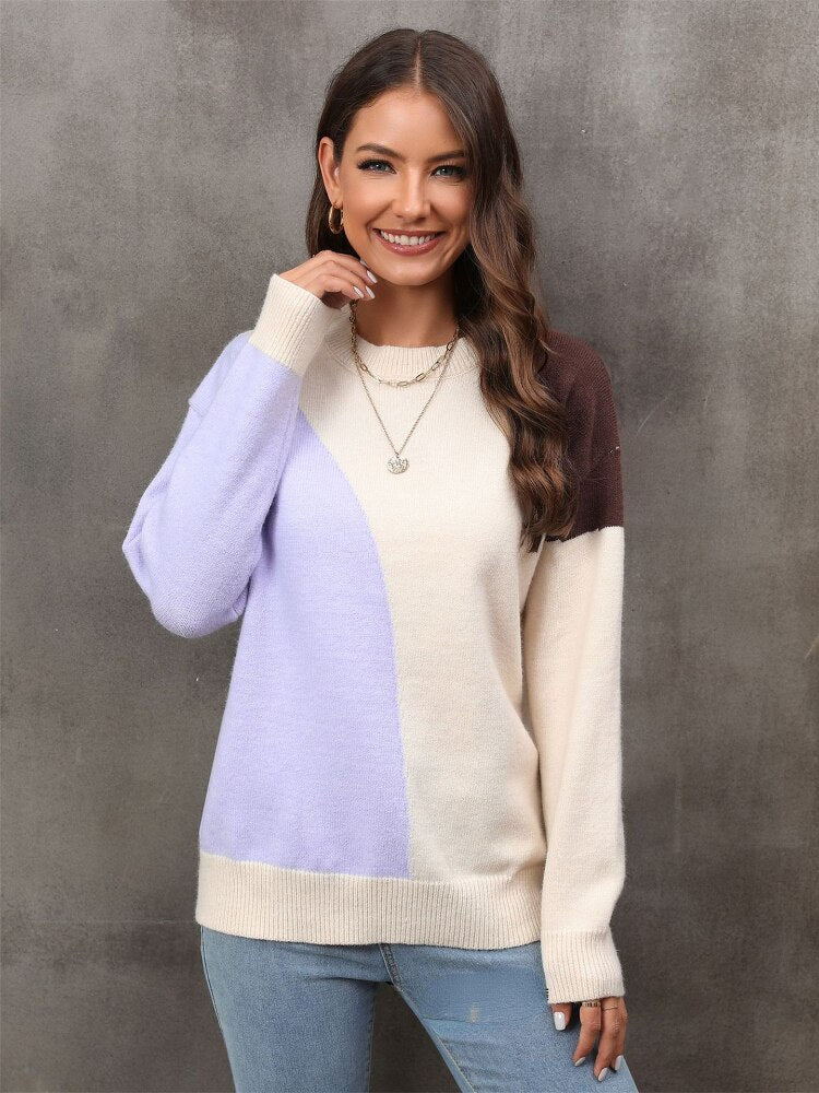 Ladies Sweater New Contrast Knit Pullover Fashion Round Neck Long Sleeve Knitwear Tops Streetwear Women's Winter Blouse 2023 - - DYAVOR®