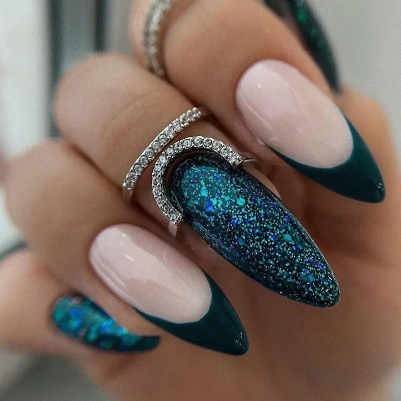 24Pcs Frosting False Nail almond with Golden Glitter Designs French Rhinestone Manicure Stiletto Fake Nails Set Press on Nails