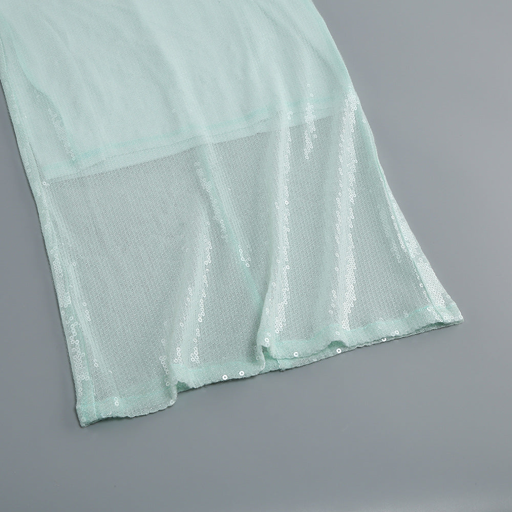 Sequined Mint Maxi Dress with Open Back - - DYAVOR®