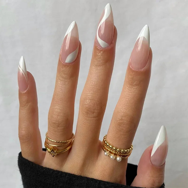 24Pcs French Almond False Nails Glitter with Rhinestones Wearable Fake Nails Artificial Simple Full Cover Press on Nails Tips - - DYAVOR®