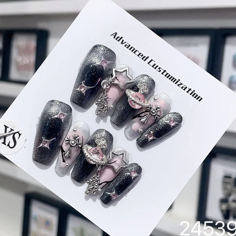 Handmade Y2k Press on Nails Punk French Luxury Star Nails Reusable Adhesive False Nails Black Long Coffin Artificial Manicure - - DYAVOR®