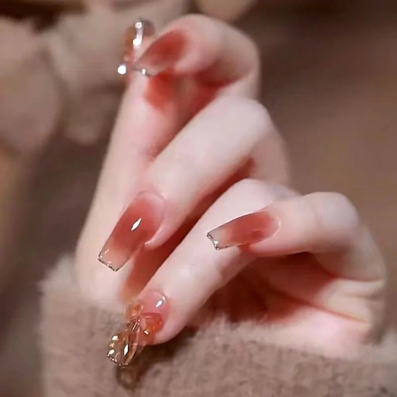 Autumn French False Nails with Butterfly Pearl Decor Bride Fake Nail Wearable Press on Nails Coffin Ballet Nail Tips for Girls - - DYAVOR®