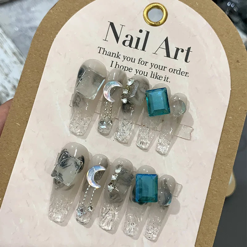 10 Pcs Wearing False Nails Fake Nails Pure Handmade 【Ice Crystal Blueberries】 Complimentary Nail Enhancement Kit - - DYAVOR®