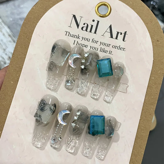 10 Pcs Wearing False Nails Fake Nails Pure Handmade 【Ice Crystal Blueberries】 Complimentary Nail Enhancement Kit -  - DYAVOR®