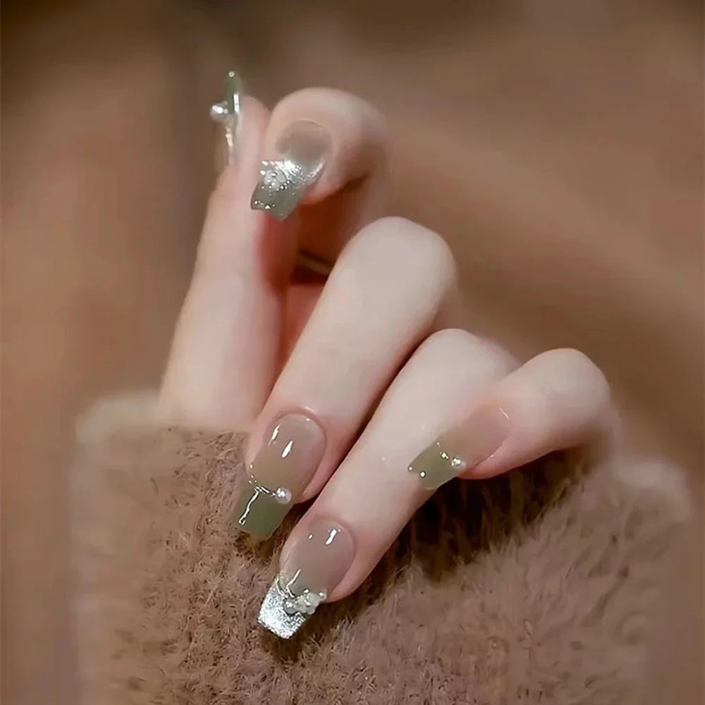 Autumn French False Nails with Butterfly Pearl Decor Bride Fake Nail Wearable Press on Nails Coffin Ballet Nail Tips for Girls - - DYAVOR®