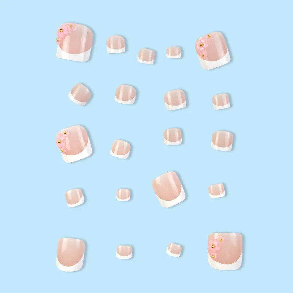 24pcs French White Fake Toenail Patch with Flower Rhinestone Design Artificial Toe Nail Tips for Women Lady Summer DIY Nails - - DYAVOR®