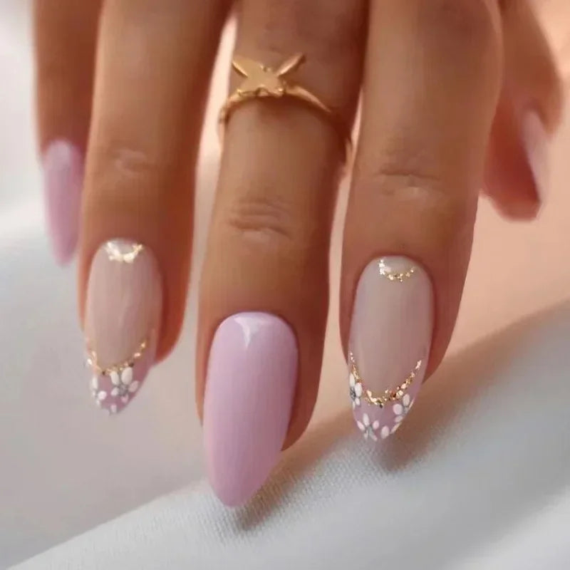 24Pcs Frosting False Nail almond with Golden Glitter Designs French Rhinestone Manicure Stiletto Fake Nails Set Press on Nails