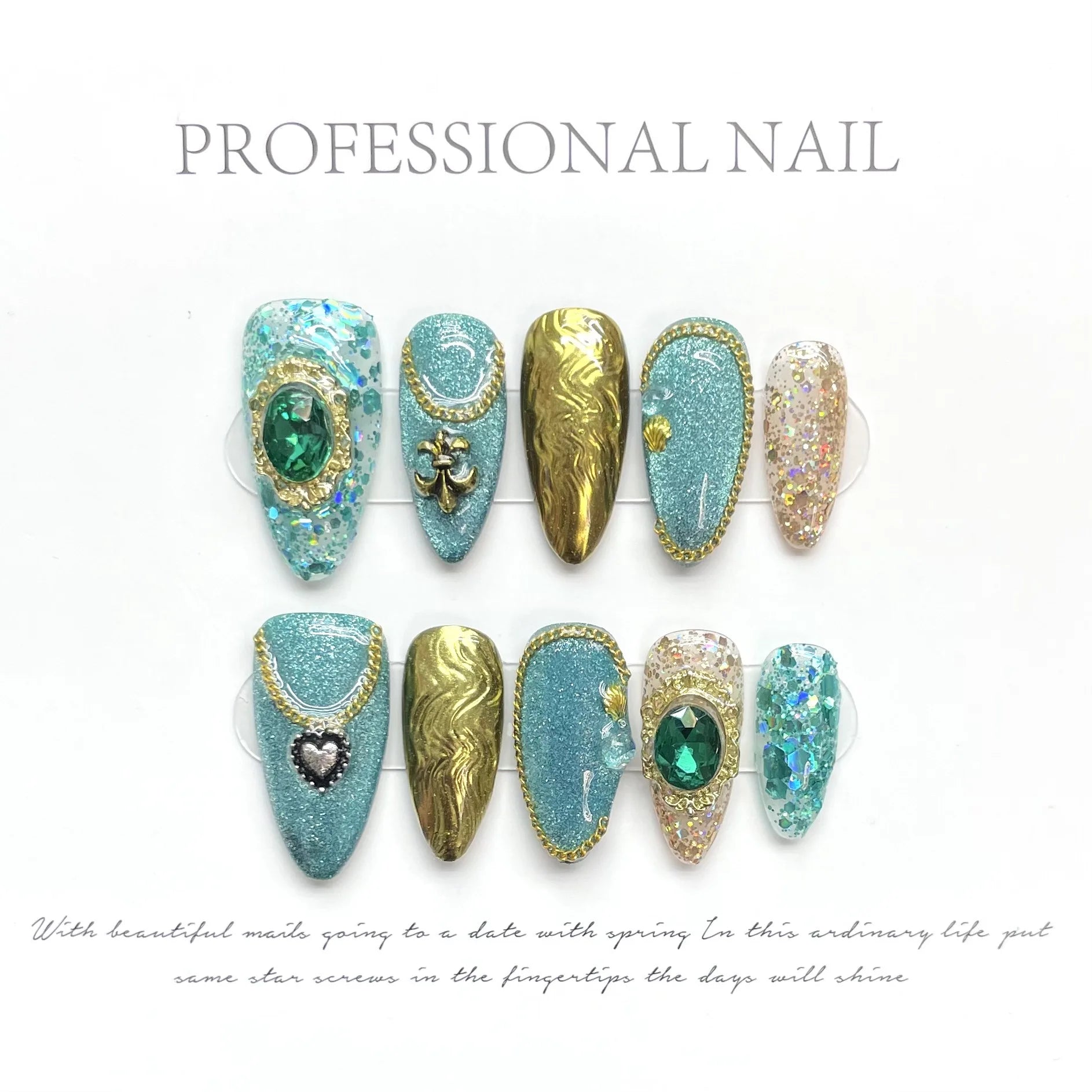 10pcs almond cat eyes handmade short press on nails full cover ballet stick on nails w designs diamond white acrylic nails tips -  - DYAVOR®