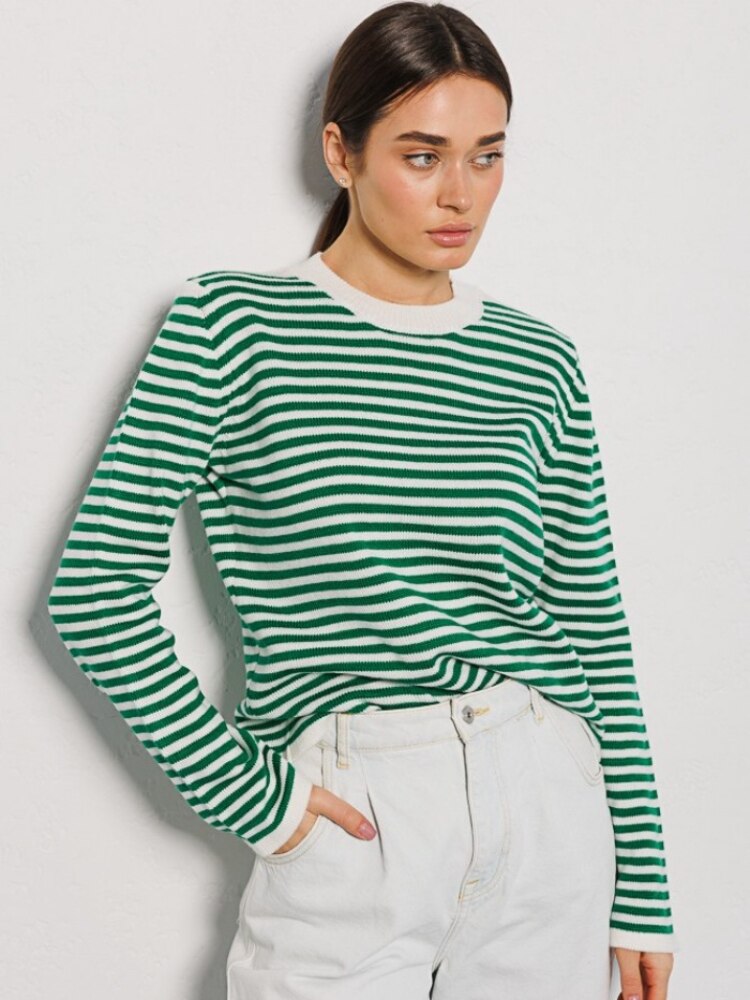 Striped Women's Sweater New Fashion Thread Contrast Round Neck Knit Pullover Office Lady Loose Knitwears Womens Clothing Tops - - DYAVOR®
