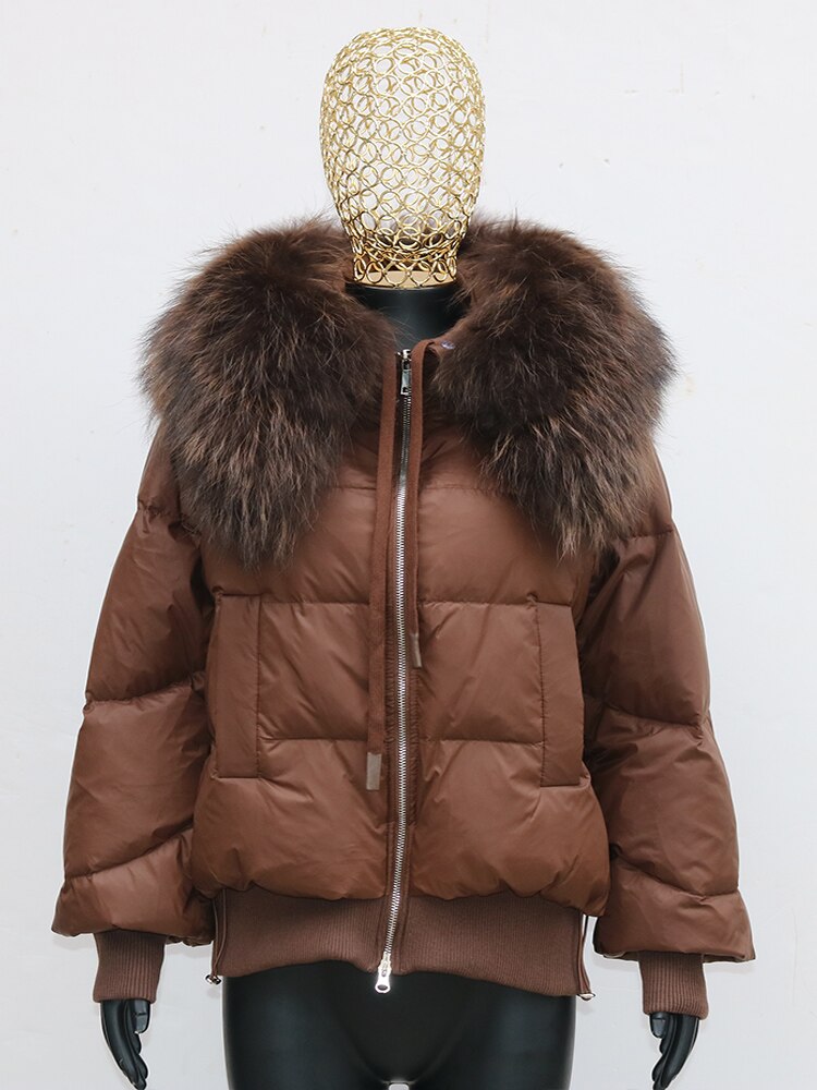 Winter Puffer Jacket Women Thick Warm Short Parkas Real Natural Raccoon Fur Female Loose 90% White Duck Down Coat -  - DYAVOR®