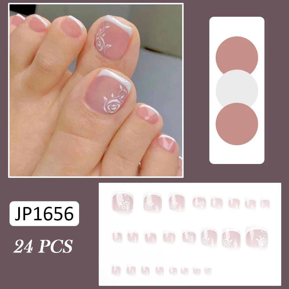 Summer French Toe Nails Set Press On Short Square Acrylic Nail Kits Wearable False Nails Nude Color Fashion Fake Feet Nail Tips - - DYAVOR®
