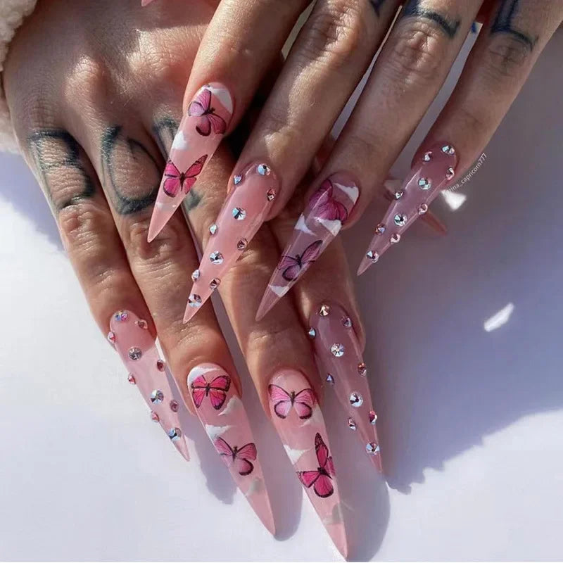 24Pcs Extra Long Stiletto False Nails Pointy French Fake Nails Glitter Detachable Almond Press on Nails Full Cover Nail Tips - - DYAVOR®