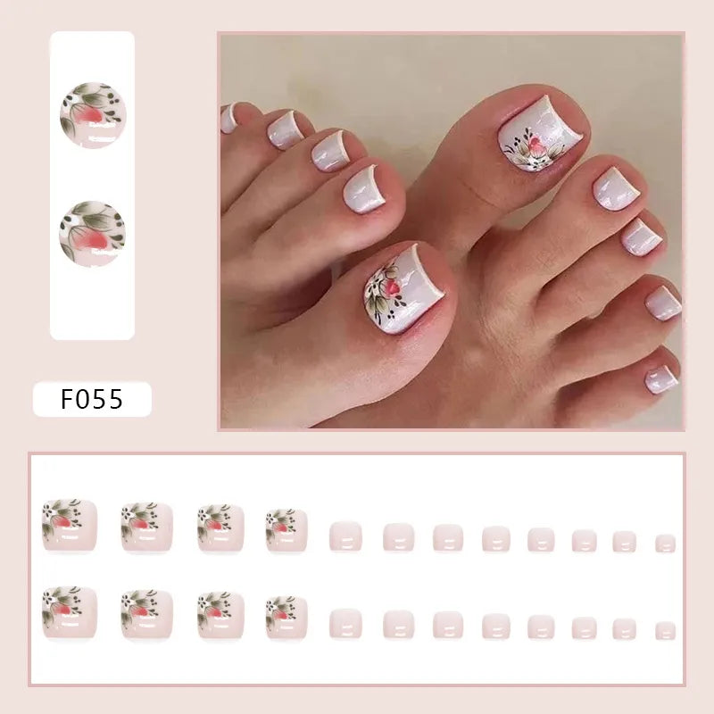 24pcs Wearable White-Edged French Manicure Toenails Full Cover Press On Fake Toenails DIY Artificial Acrylic False Toenails