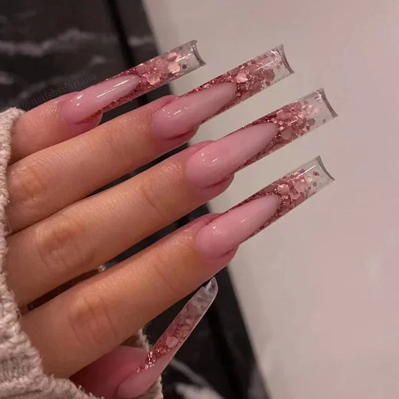 24pcs removeable false nails with glue Gradient Shinny brown coffin glitter Ballet press on nails long full cover fake nails tip