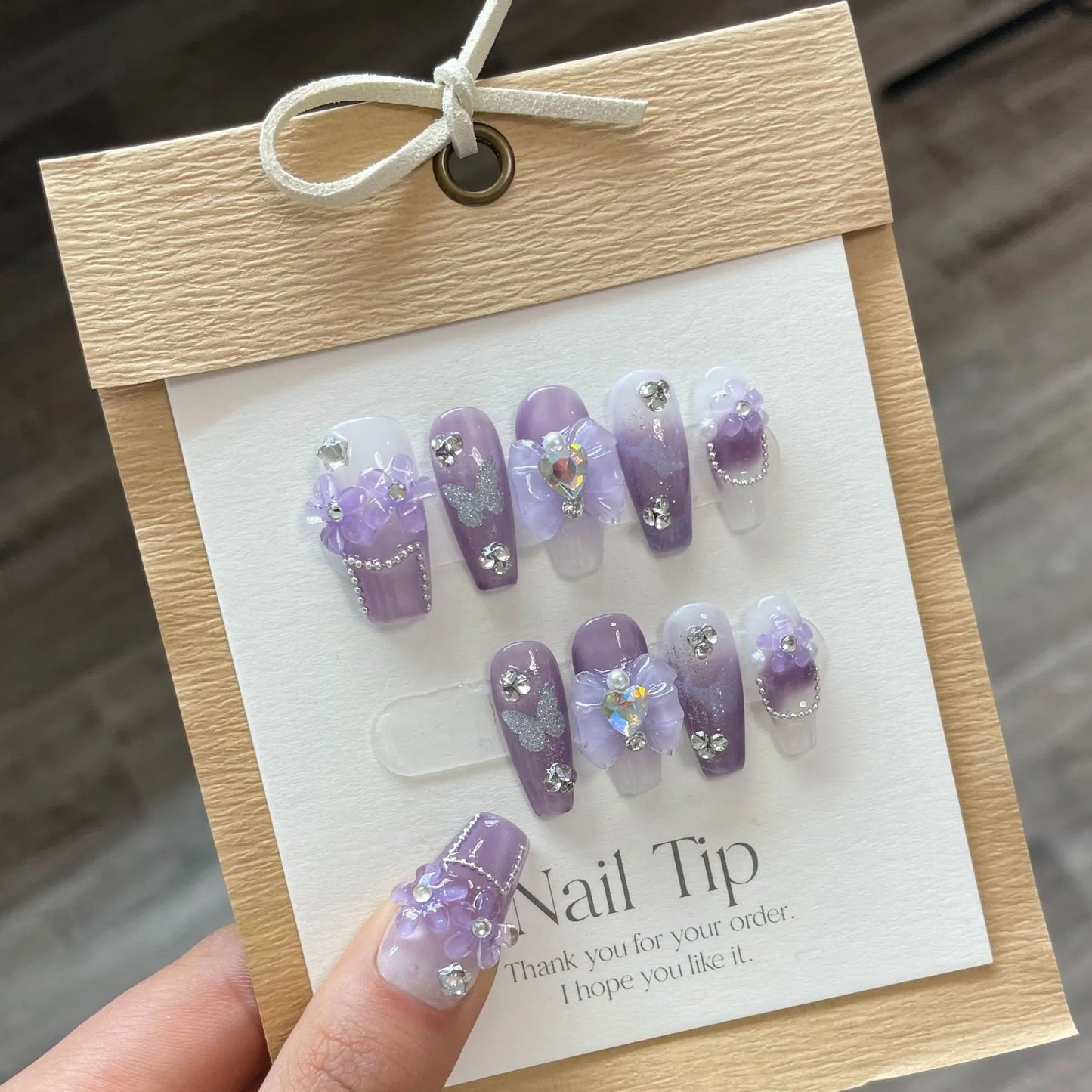 Handmade Purple Press on Nails with Glitter Design Reusable French Fake Nails with Glue Naitifical Fingernail Tips Nail Art Y2k - - DYAVOR®