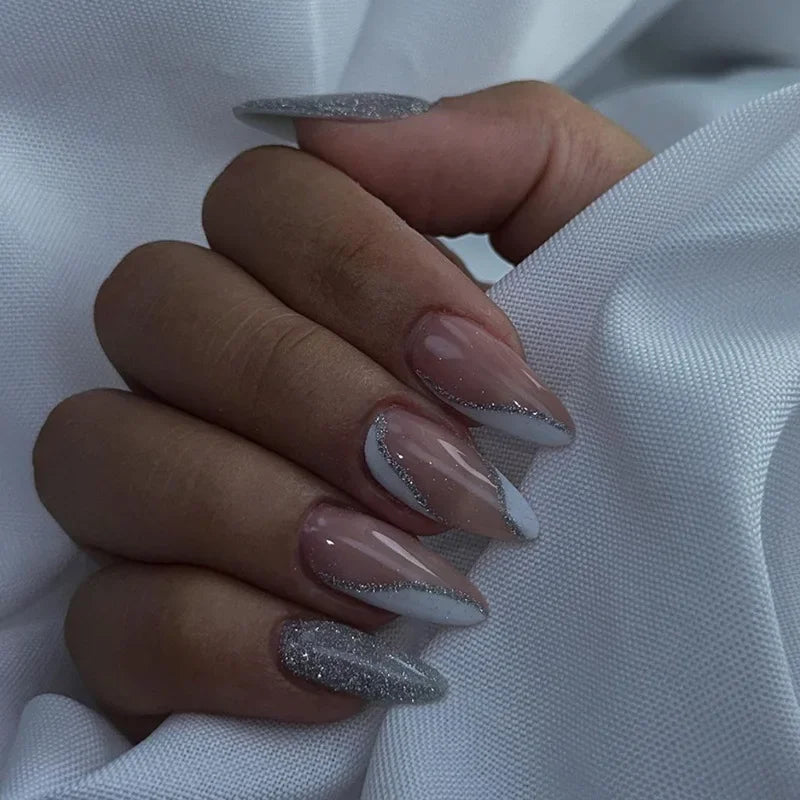 24Pcs White Aurora Almond False Nails Simple with French Design Wearable False Nails Glitter Full Cover Press on Nails Tips Art - - DYAVOR®