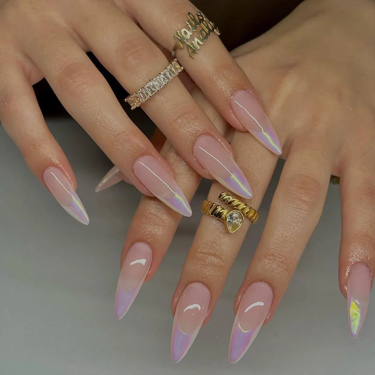 24Pcs Frosting False Nail almond with Golden Glitter Designs French Rhinestone Manicure Stiletto Fake Nails Set Press on Nails