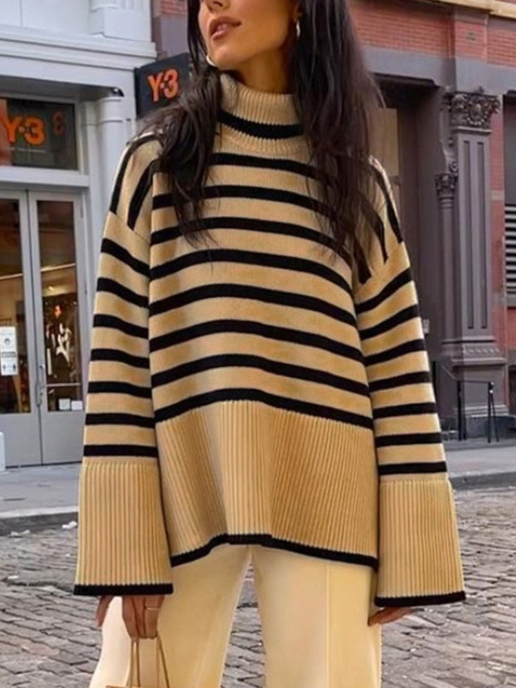 2022 Autumn New Women's High Collar Knitted Sweater Striped Slit Pullover Oversized Sweater Winter Clothes Women Thick Sweaters - - DYAVOR®