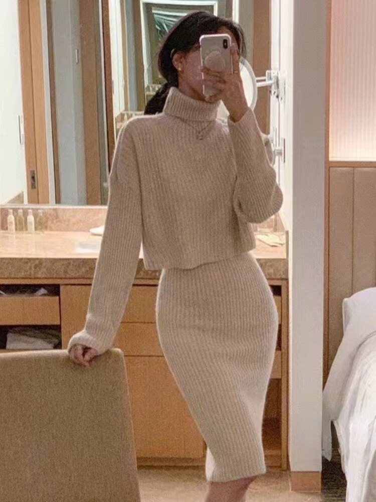Dresses for Women 2022 Knitted Dress Autumn Winter New Wool Dress Set Skirt Two Piece Sets Womens Outifits Long Sleeve Sweaters - - DYAVOR®