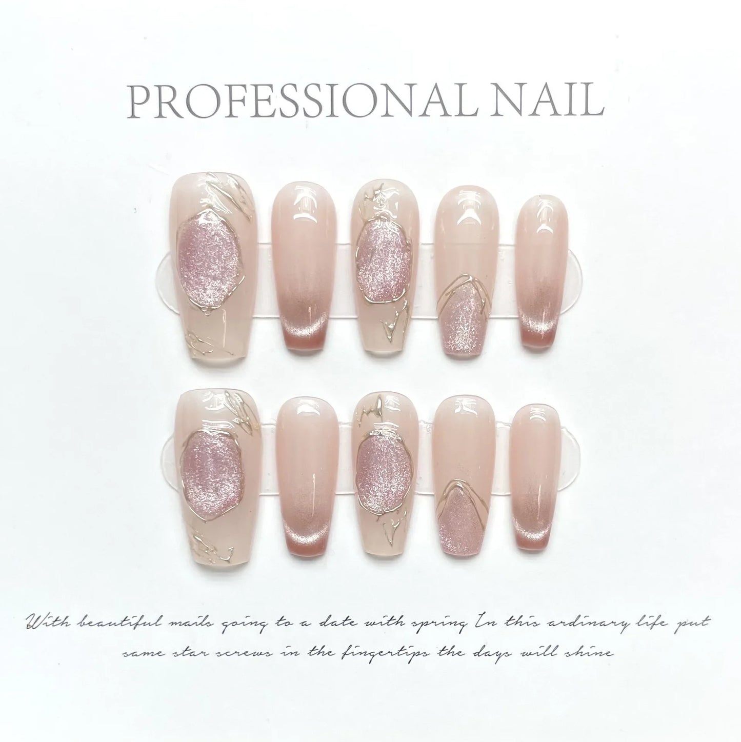 10pcs Handmade short french artificial nails cat eyes shiny rhinestones full cover press on nails ballet false nails with glue - - DYAVOR®