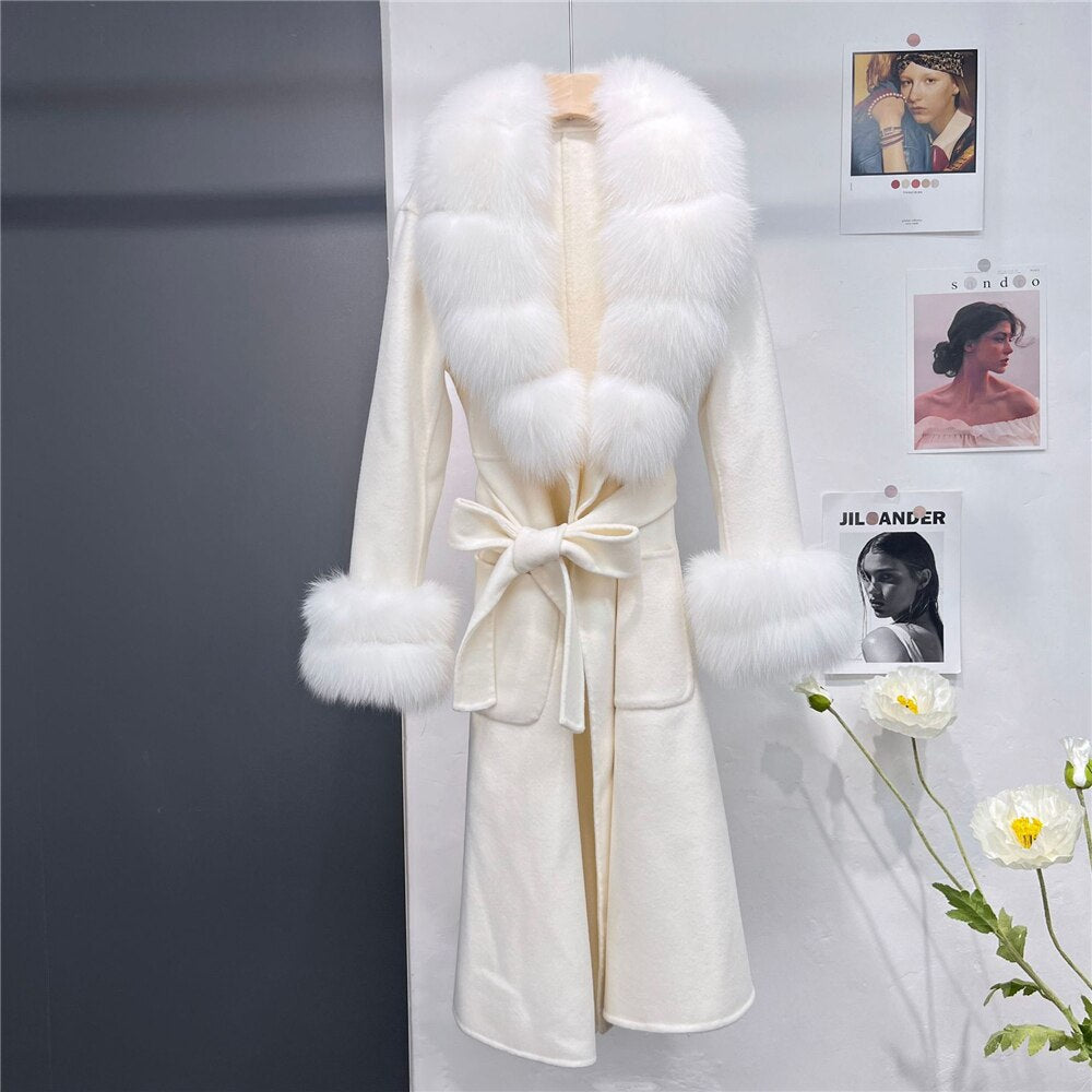 New X-long Cashmere Wool Blends Women Real Fur Coat Jacket Female Lady Wool Blends Fox Fur Collar Coats Jackets Long Trench -  - DYAVOR®
