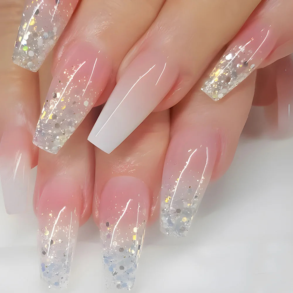 24pcs removeable false nails with glue Gradient Shinny brown coffin glitter Ballet press on nails long full cover fake nails tip - - DYAVOR®