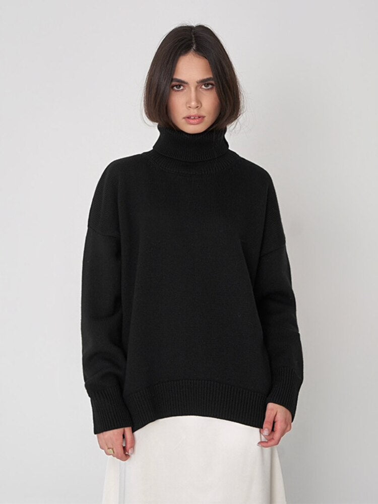 Solid Color High Neck Sweater Autumn Winter Loose Knit Pullover Women's Long Sleeve Top Versatile Classic Winter Clothes Women - - DYAVOR®