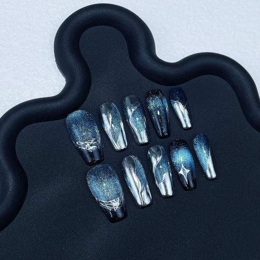 10pcs Aurora cat eyes blue almond coffin false nails with glue detachable handmade y2k hot girls designs artificial nails tips -  - DYAVOR®