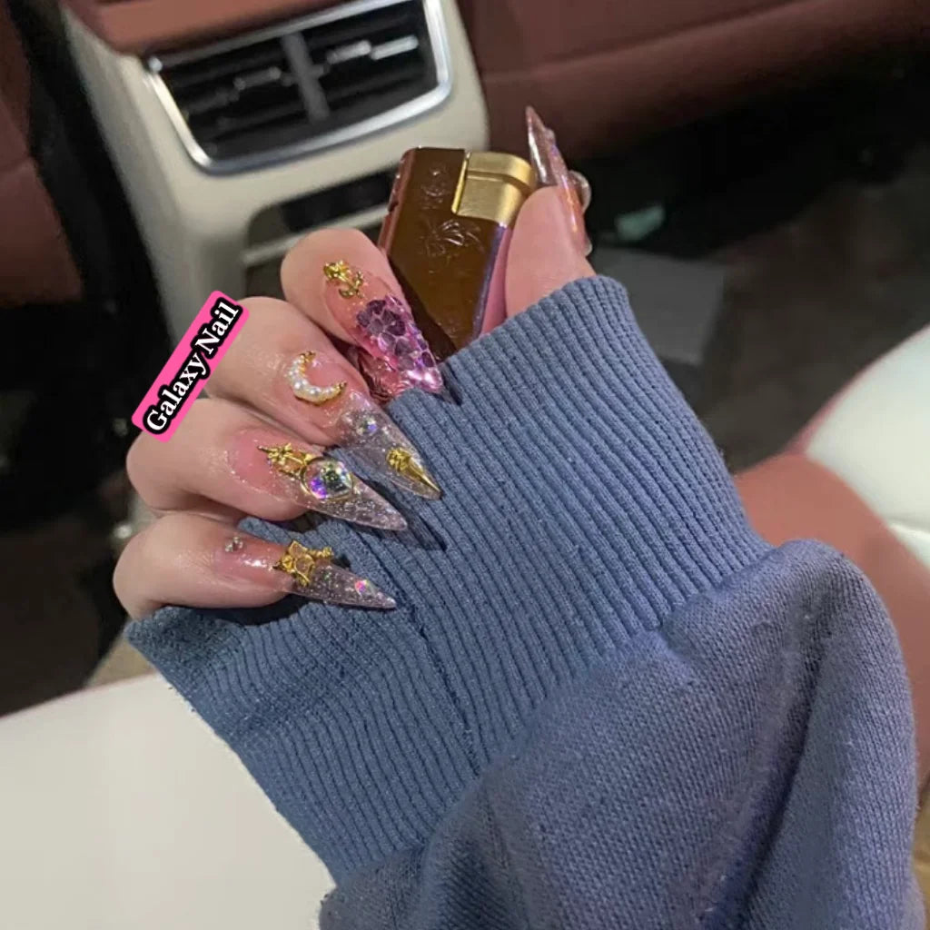 Handmade Pink Glittery Y2K Fake Nail With Glue Detachable Luxury False Nails Tips Reusable Press On Nails Coffin Manicure Art - - DYAVOR®