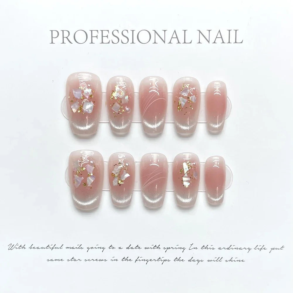 Handmade Pink Nails Set Press on Cute Korean Medium-length Artifical Nails Full Cover Nail Tips with Design Adhesive False Nails - - DYAVOR®