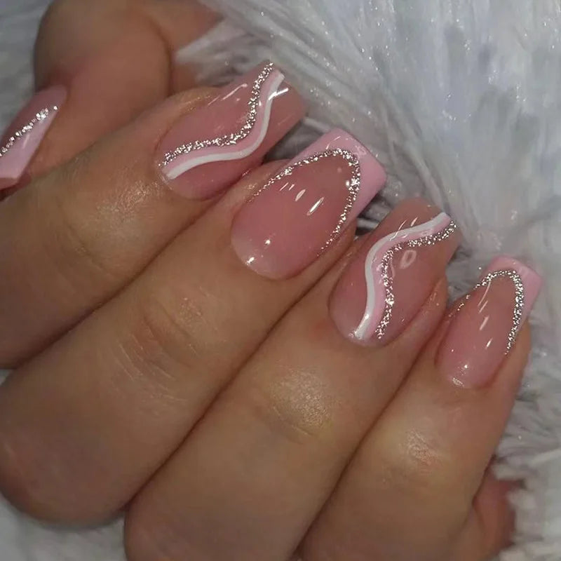 24pcs removeable false nails with glue Gradient Shinny brown coffin glitter Ballet press on nails long full cover fake nails tip - - DYAVOR®