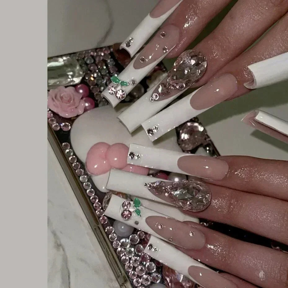 24Pcs Pink Bow Design False Nails Long Ballet Press on Nails with Pearl Wearable Coffin Fake Nails French Square Finger Nail