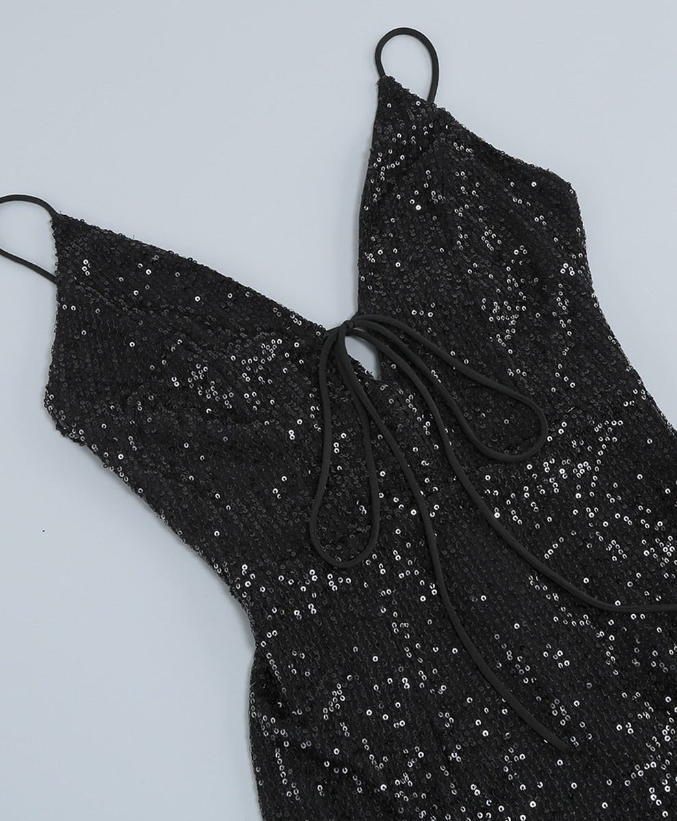 Black Sequined Mini Dress with Feathers - - DYAVOR®