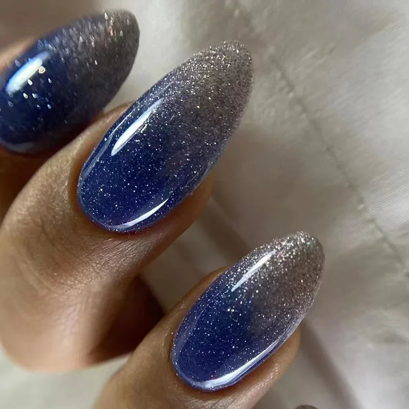 24Pcs White Aurora Almond False Nails Simple with French Design Wearable False Nails Glitter Full Cover Press on Nails Tips Art - - DYAVOR®