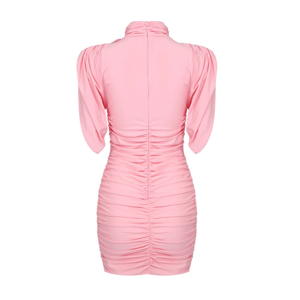 Ruffles Pink Mini Dress with Neck Flower - - DYAVOR®