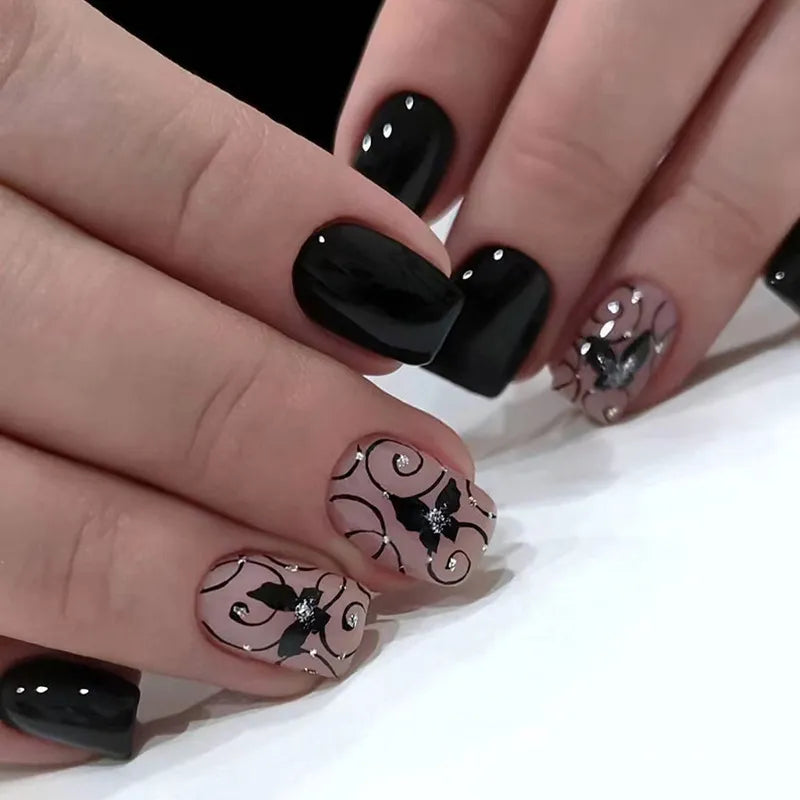 Press on Nails Black Butterfly French Fake Nails Rhinestone False Nail Patch Short Ballet Full Cover Artificial Art Nail Tip - - DYAVOR®