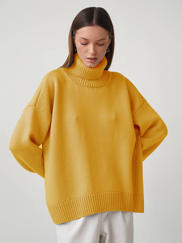 Solid Color High Neck Sweater Autumn Winter Loose Knit Pullover Women's Long Sleeve Top Versatile Classic Winter Clothes Women - - DYAVOR®
