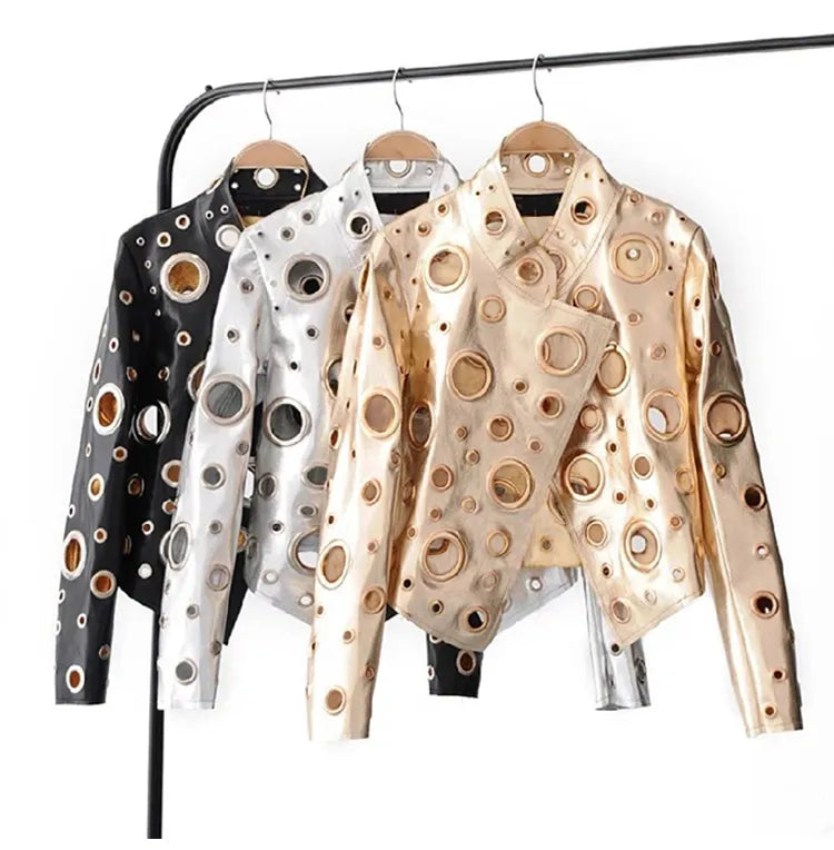 Chic Faux Leather Cut-Out Crop Jacket - Jackets - DYAVOR®