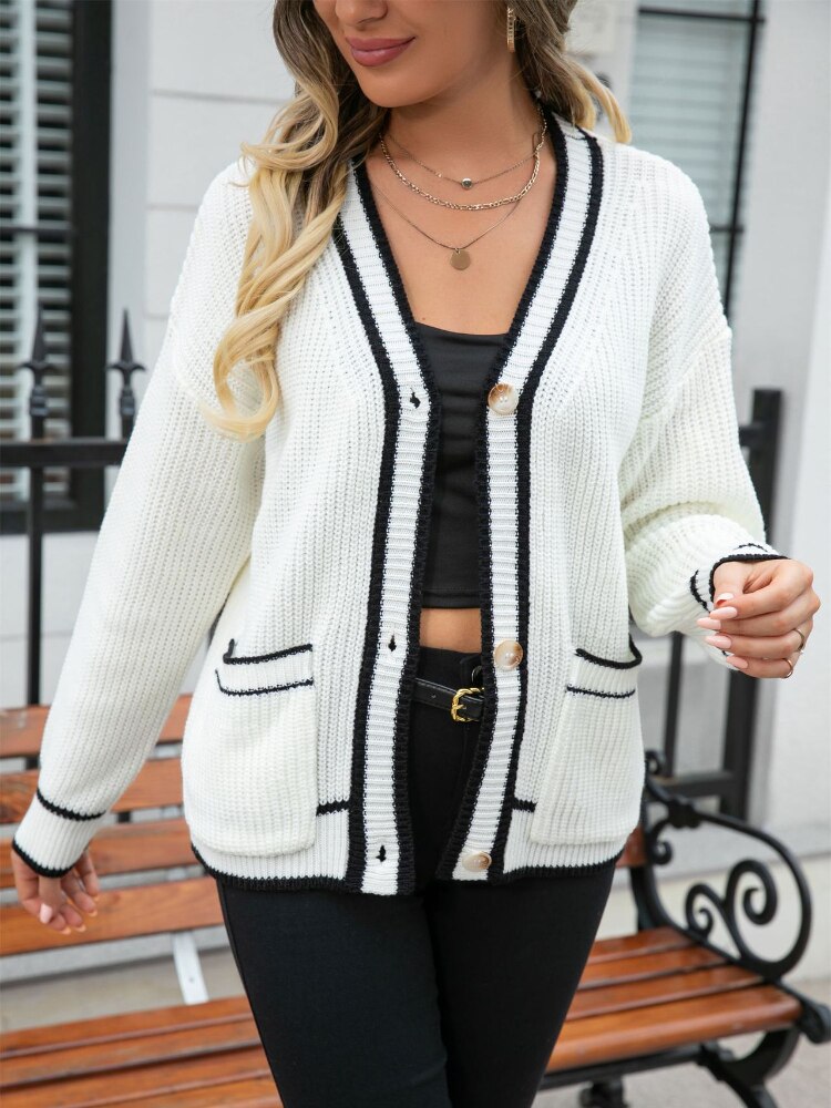 Fashion Women Sweaters 2023 New Contrast Pocket Coat Korean Fashion Women Cardigan Autumn Winter Streetwear Tops White Cardigan - - DYAVOR®